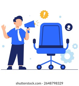 A person promotes a job vacancy using a megaphone beside an office chair symbolizing hiring communication leadership and business opportunity