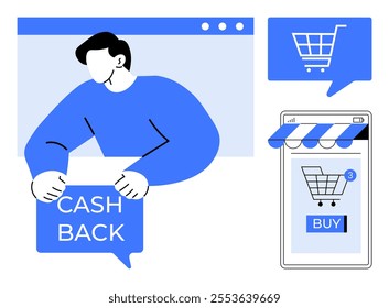 A person promoting a cashback offer, a shopping cart icon, and a smartphone with a buy button. Ideal for e-commerce, cashback promotions, online shopping, digital marketing, and mobile apps. Modern