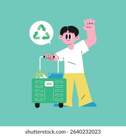 Person promoting recycling and eco-friendly shopping with a cart full of groceries.