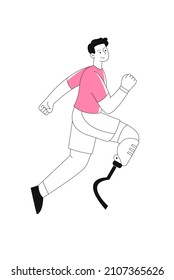 Persona con concepto de prótesis. Un joven discapacitado corre con la ayuda de tecnologías innovadoras. Lesión en la pierna. Diseño para pegatinas. Dibujo vectorial plano de dibujos animados aislado en fondo blanco