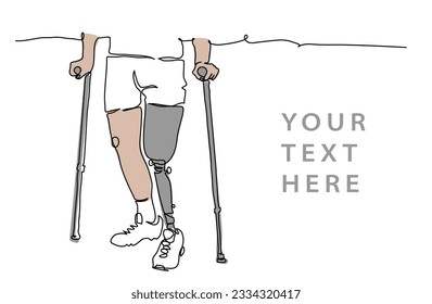 Person with prosthetic leg, artificial foot, limb use crutches. One continuous line art drawing of person below the waist with prosthesis. Simple vector illustration of prosthetic leg.