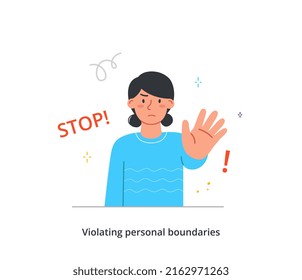 Person Protecting Personal Boundaries Concept. Strong Woman Says Stop. Friends And Family Violate Personal Space Of Character. Behavior In Society. Cartoon Flat Vector Illustration In Doodle Style