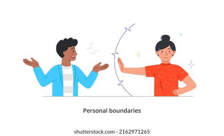 Person protecting personal boundaries concept. Woman shows stop gesture and establishes personal space when communicating and interacting with friends. Cartoon flat vector illustration in doodle style