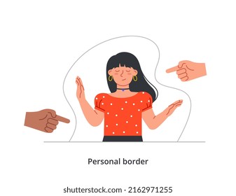 Persona que protege los límites personales. Manos tratando de violar el espacio personal de carácter. La mujer tranquila sigue las reglas cuando se comunica con sus amigos. Dibujo vectorial plano de caricatura en estilo doodle