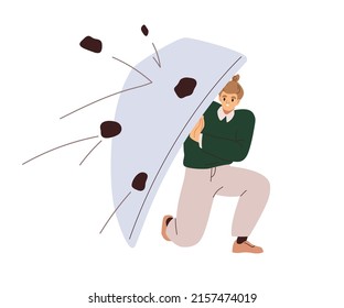 Person protecting with shield, shelter. Protection of business from crisis threats, dangers concept. Man fighting with problems, difficulties. Flat vector illustration isolated on white background