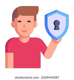 Person and protection shield, concept of secure profile flat icon 