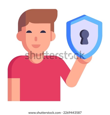Person and protection shield, concept of secure profile flat icon 