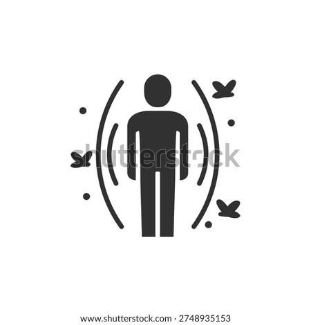 Person with protective barrier against insects icon. Mosquito protection shield. Monochrome black and white symbol