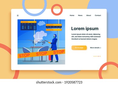 Person in protective costume disinfecting airport from virus. Coronavirus, plane, stop flat vector illustration. Pandemic and prevention concept for banner, website design or landing web page