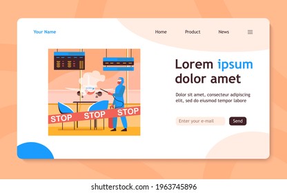 Person in protective costume disinfecting airport from virus. Coronavirus, plane, stop flat vector illustration. Pandemic and prevention concept for banner, website design or landing web page