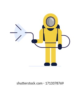 Person in protective costume with disinfecting equipment. Medical personal. Flat character, vector file.