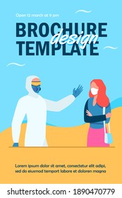 Person in protective costume waving to woman in mask. Respirator, coronavirus, protection flat vector illustration. Pandemic and prevention concept for banner, website design or landing web page