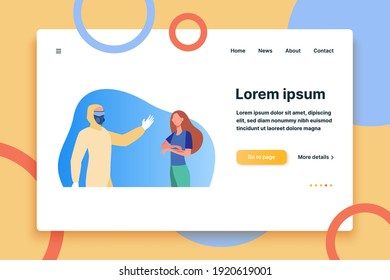 Person in protective costume and woman with chickenpox spots. Contagious patient, infection, rash flat vector illustration. Illness, treatment concept for banner, website design or landing web page