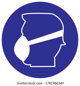 Person with protective mask, white vector icon on blue circle frame, command sign
