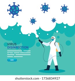 Person With Protective Suit Or Spraying Viruses And Particles Covid 19, Desinfection Virus Concept Vector Illustration Design