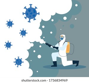 person with protective suit or spraying viruses and particles covid 19, desinfection virus concept vector illustration design