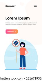 Person protesting against coronavirus. Man wearing face holding placard with stop sign flat vector illustration. Epidemic, spread, virus concept for banner, website design or landing web page