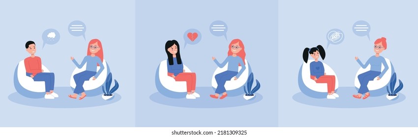 A person at a psychologist's appointment is in a bad mood flat vector illustration. Psychotherapist provides psychological assistance for broken heart, mental health, depression set