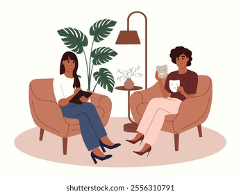 Person at psychotherapy. Person with imposter syndrome at the doctor. Bipolar disorder. Fake faces and emotions. Vector illustration in flat cartoon style