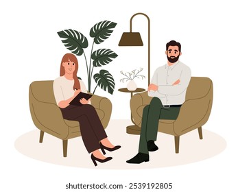 Person at psychotherapy. Psychologist works with the patient's mental health. Vector illustration in flat style