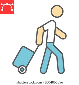 Person pulling luggage color line icon, migration and tourist, passenger with rolling bag vector icon, vector graphics, editable stroke filled outline sign, eps 10
