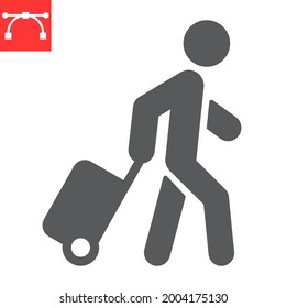 Person pulling luggage glyph icon, migration and tourist, passenger with rolling bag vector icon, vector graphics, editable stroke solid sign, eps 10
