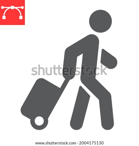 Person pulling luggage glyph icon, migration and tourist, passenger with rolling bag vector icon, vector graphics, editable stroke solid sign, eps 10