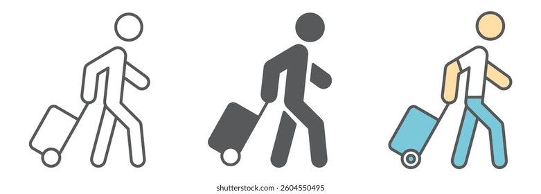 Person pulling luggage icon collection, migration and tourist, passenger with rolling bag vector icon set, vector graphics, editable stroke outline sign, eps 10
