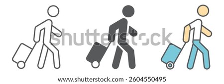Person pulling luggage icon collection, migration and tourist, passenger with rolling bag vector icon set, vector graphics, editable stroke outline sign, eps 10