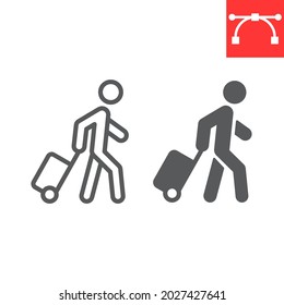 Person pulling luggage line and glyph icon, migration and tourist, passenger with rolling bag vector icon, vector graphics, editable stroke outline sign, eps 10