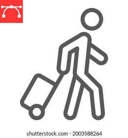 Person pulling luggage line icon, migration and tourist, passenger with rolling bag vector icon, vector graphics, editable stroke outline sign, eps 10