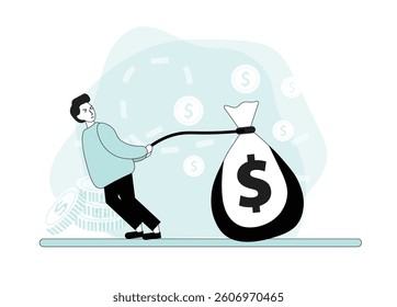 person pulling a sack of coins. pulling with difficulty. simple character design