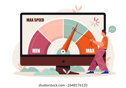 Person pulling speed meter needle to max on computer monitor, flat graphic style, white background, concept of performance optimization. Vector illustration