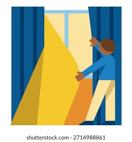 La persona tira hacia atrás de las cortinas azules para revelar la luz amarilla brillante que fluye a través de la ventana.