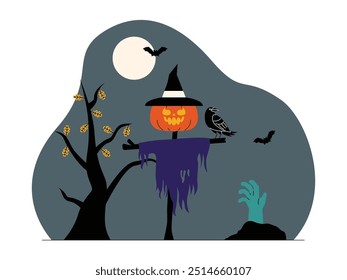 A person with a pumpkin head made of a scary face wearing a hat, in a cemetery at night, spooky vector illustration.