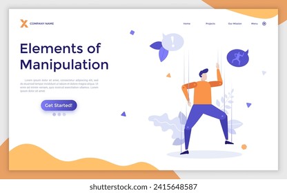 Person, puppet or marionette hanged and moved by strings. Concept of control and manipulation, affect and influence, power over human behavior. Modern flat vector illustration for banner, poster.