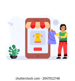 Persona comprando ropa en línea, ilustración plana de tienda móvil