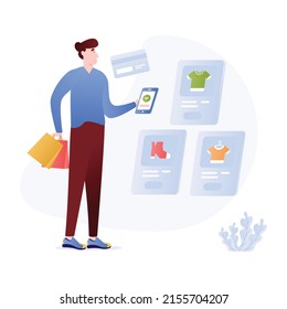 Person purchasing online products, flat illustration of e commerce 


