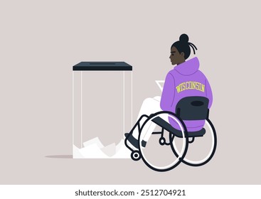 A person in a purple hoodie seated in a wheelchair casts their vote into a ballot box, symbolizing inclusivity and the democratic process