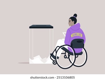 A person in a purple hoodie seated in a wheelchair casts their vote into a ballot box, symbolizing inclusivity and the democratic process