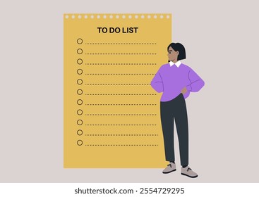 A person in a purple jumper stands thoughtfully beside a vibrant yellow to-do list, contemplating tasks under the warm afternoon light, showcasing a blend of creativity and productivity