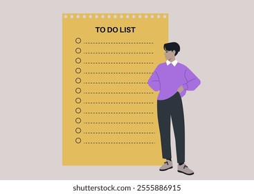 A person in a purple jumper stands thoughtfully beside a vibrant yellow to-do list, contemplating tasks under the warm afternoon light, showcasing a blend of creativity and productivity