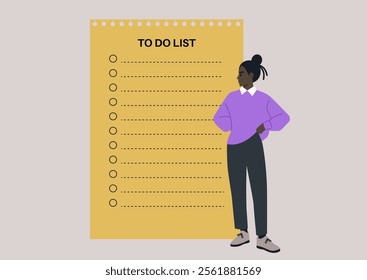 A person in a purple jumper stands thoughtfully beside a vibrant yellow to-do list, contemplating tasks under the warm afternoon light, showcasing a blend of creativity and productivity