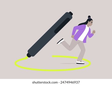 A person in purple runs away from a black marker that is drawing a yellow circle around them, escapism