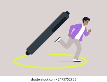A person in purple runs away from a black marker that is drawing a yellow circle around them, escapism