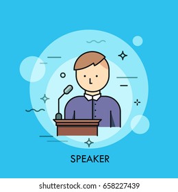 Person in purple shirt standing at lectern with microphone and speaking. Concept of speaker, chairman or lecturer giving public speech. Vector illustration for poster, website, banner, brochure.
