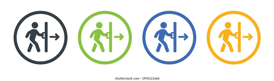 La persona presiona la puerta para introducir el signo de icono aislado en el fondo blanco.