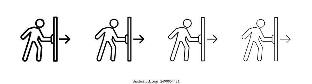 Uma pessoa empurra o ícone da porta Conjunto de contornos da arte da ilustração do vetor da linha fina plana