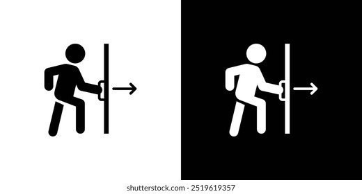 La persona empuja el logotipo lineal del icono de la puerta aislado