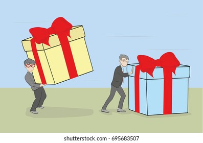 The person pushes the box with the gift. The concept of a gift for a holiday. vector illustration.